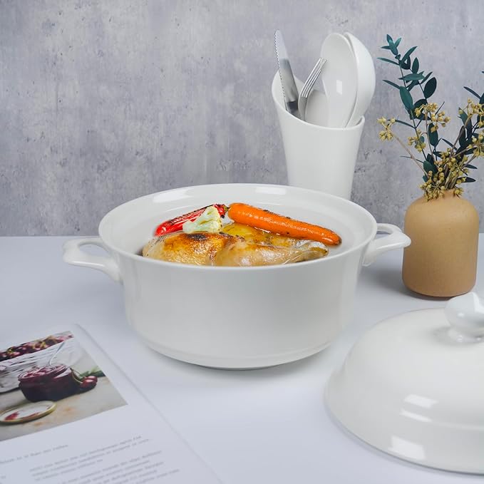 Casserole dish with Lid and soup spoon, Ceramic Serving Soup Tureen, 1.8 QT White French Serving