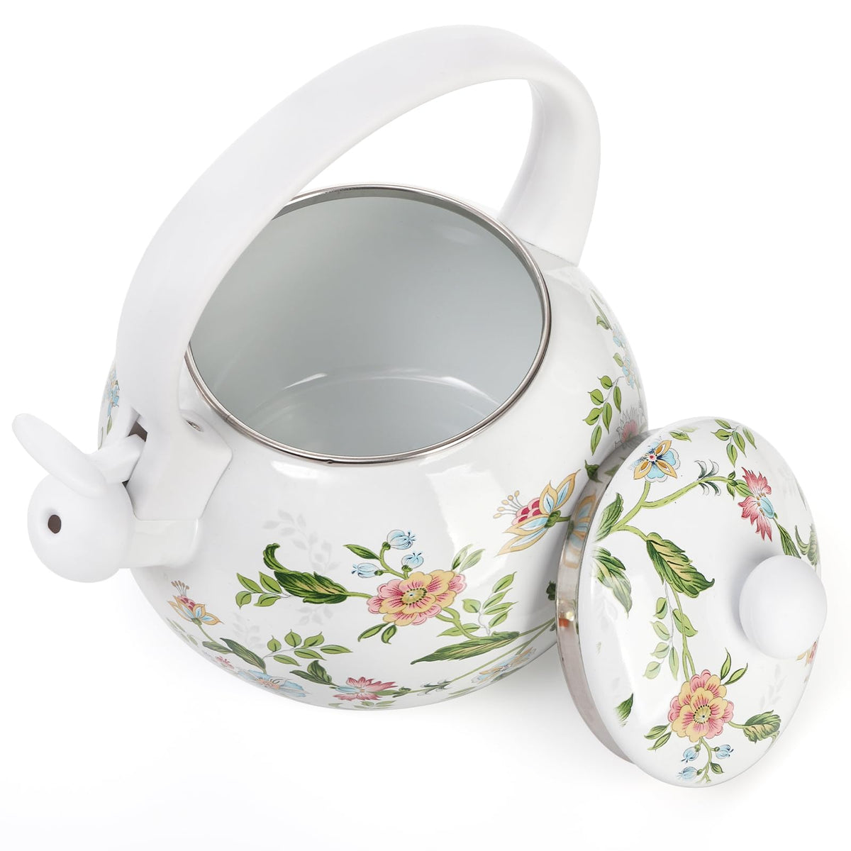 Jucoan 2.3 Quart Vintage Enamel Tea Kettle, Whistling Tea Kettle for Stove Top, Floral Enamel on