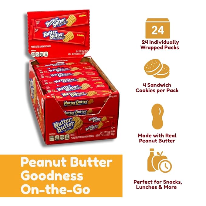 Nutter Butter Cookies ??Classic Peanut Butter Sandwich Cookies, 24 Pack ??Individual Packs for