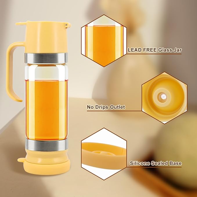 Glass Honey Dispenser No-Drip with Handle – 12 oz Maple Syrup Jar Dispenser for Coffee, Pancakes &