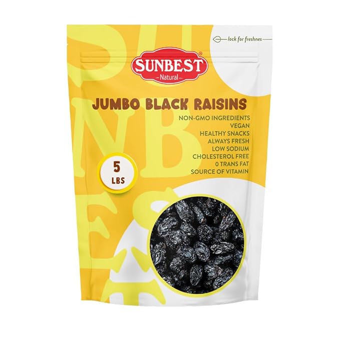 Sunbest Natural Jumbo Black Raisins ??5 lb Bulk Bag (80 oz) ??Plump, Juicy & Nutrient-Rich ??High