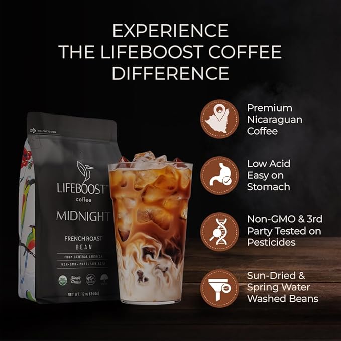 Lifeboost Midnight French Roast Coffee Beans - Single Origin Non-GMO USDA Organic Low Acid French