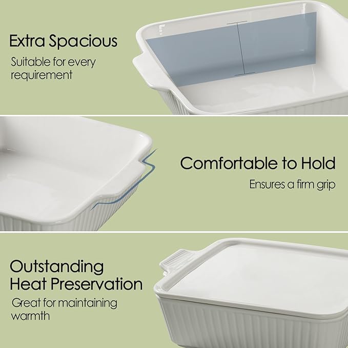 Dizada Casserole Dish for Oven with Lid, 10'' Square Baking Dish, Ceramic Baking Dish, Baking Pan