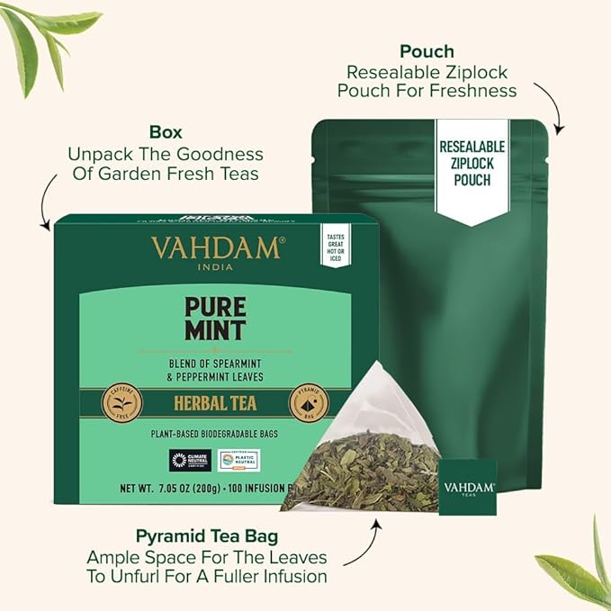 VAHDAM, Pure Mint Herbal Tea (100 Pyramid Tea Bags) Caffeine Free, Non GMO, Gluten Free | Blend of