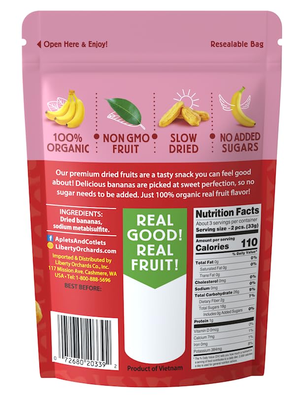 Liberty Orchard Organic Whole Dried Banana - Naturally Sweetened Dried Fruit Snack for Healthy