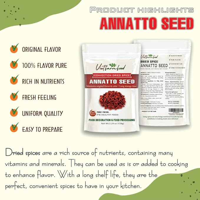 ANNATTO SEED 5.29 Oz (150g) VIETFARMFOOD: Natural pure, convection dried seasoning made from real