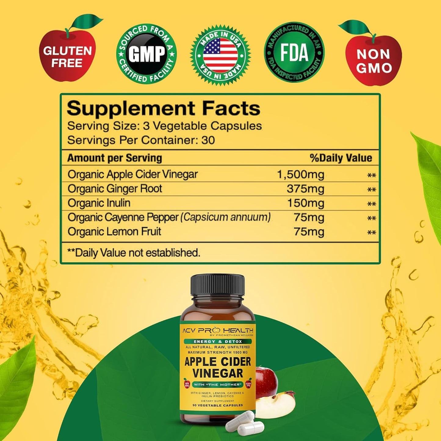 ACV Pro Apple Cider Vinegar Capsules Certified Organic with Mother ACV Pills Detox Cleanse Acid
