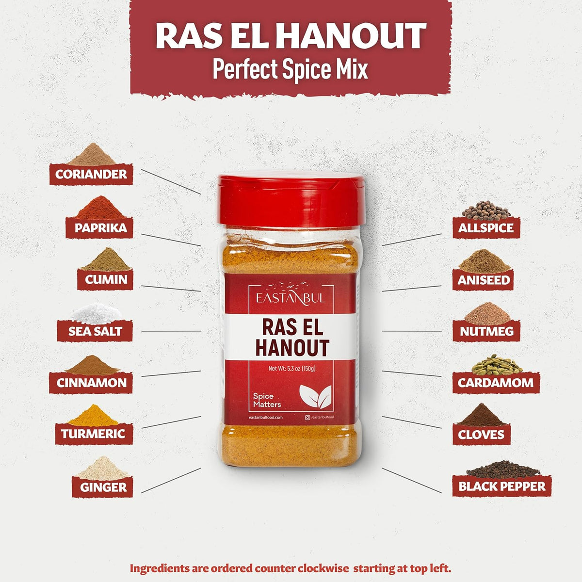 Eastanbul Ras El Hanout Spice, 5.3oz, Meat Seasoning, All-in-One Ras El Hanout Moroccan Spice