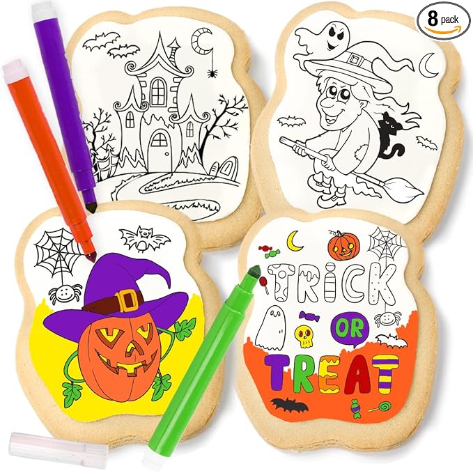 Halloween Cookies Decorating Kit Coloring Gift For Kids Food | 4 Jumbo Cookies + 3 Edible Markers |
