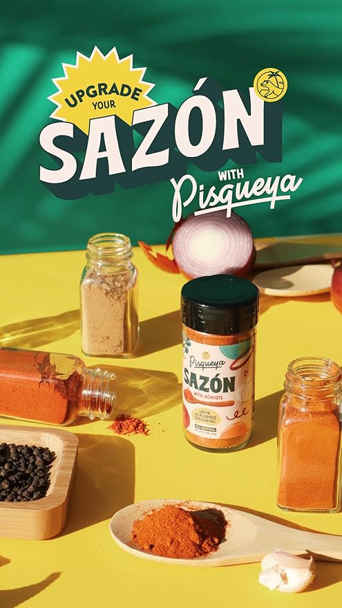 Pisqueya Sazón Seasoning, Made With Achiote. Adds Instant Flavor To Any Dish. Low Sodium, No Sugar