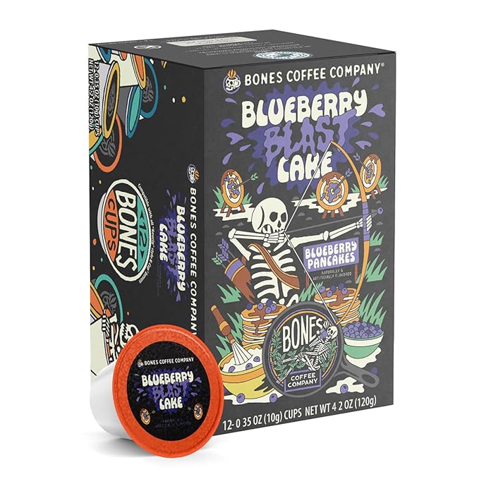Bones Coffee Company Blueberry Blast Cake, Blueberry Pancake Flavored Coffee Pods, Low Acid Medium