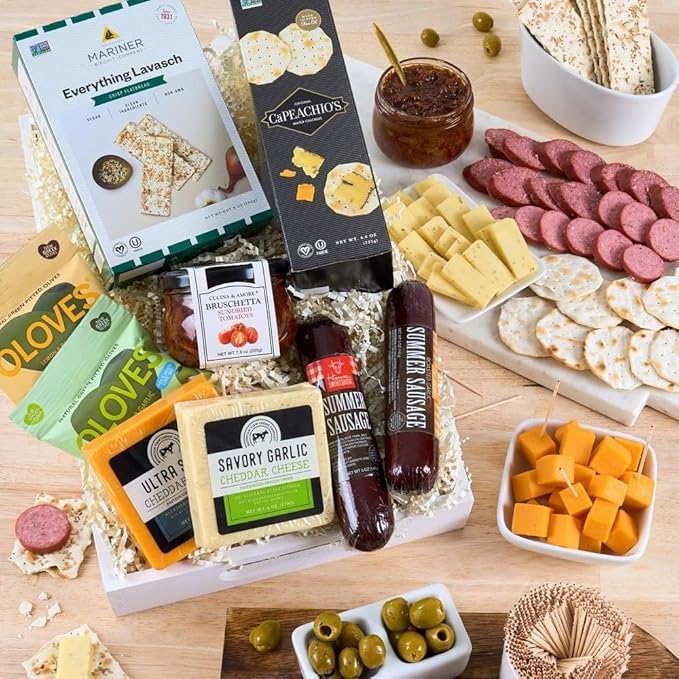 Gourmet Meat & Cheese Sampler Gift Basket - Deluxe Charcuterie Cheese Platter