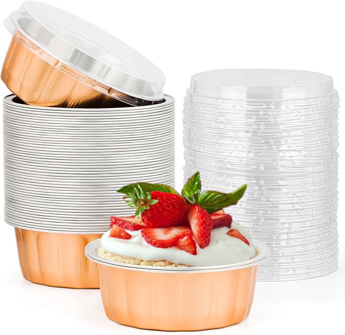 Beasea Disposable Ramekins 8oz, 50 Pack Rose Gold Aluminum Foil Cups with Lids, Disposable Creme