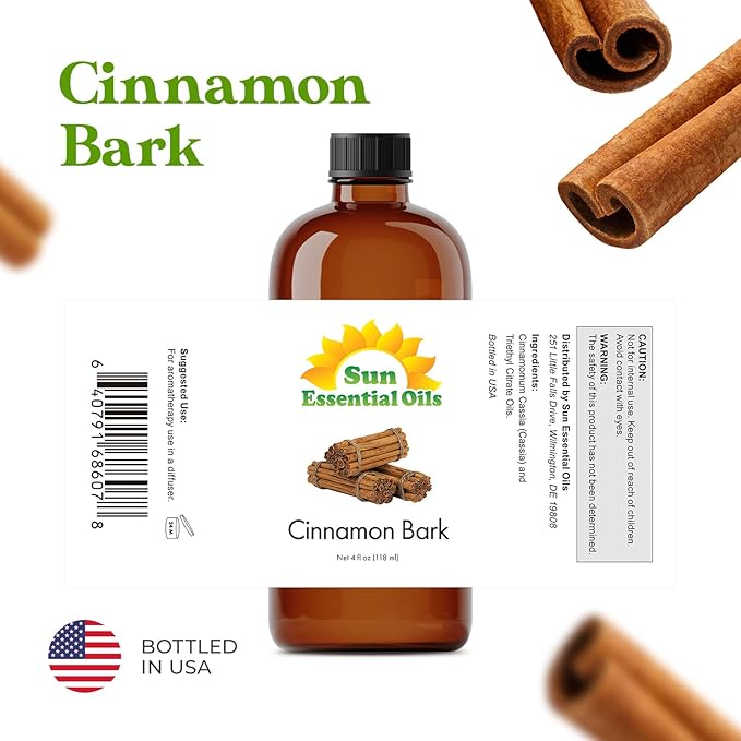 Sun Essential Oils - Cinnamon Bark Essential Oil (4 oz) with Dropper for Diffuser, Aromatherapy