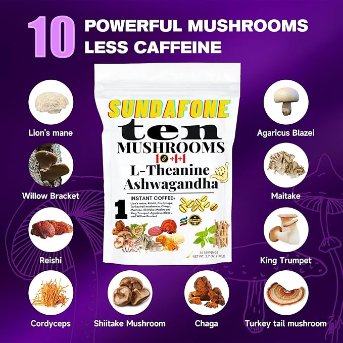SUNDAFONE Mushroom Coffee with L-Theanine, Ashwagandha, Lion's Mane, Reishi for Focus, Immunity