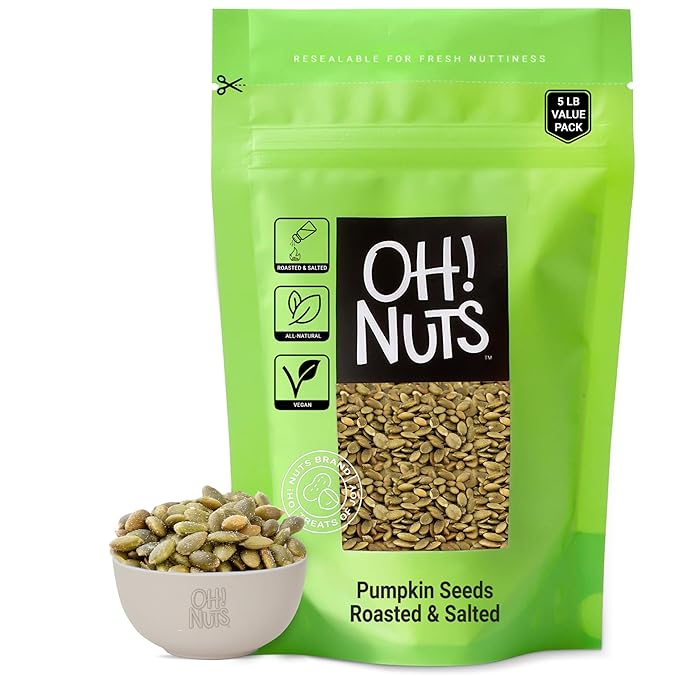 Oh! Nuts Pumpkin Seed Roasted & Salted - 5 lb Bulk Bag - No Shell Pumpkin Seeds - Roasted Seeds