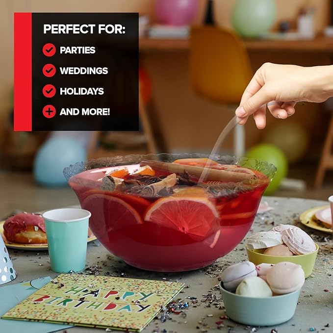 Premium Plastic Punch Bowl with Ladle, Fancy Disposable Punch Bowls for Parties, Holidays, Schools