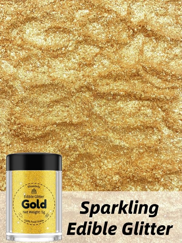 Shanlinly Gold Edible Glitter for Cakes Drinks - Food Grade 5g Shimmer Luster Glitter Dust Edible