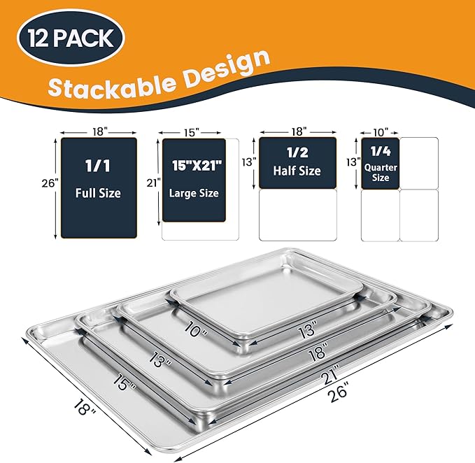 12 Pack Half Size Baking Sheet Pan, Aluminum Commercial Cookie Sheet Pan, Durable & Anti-Stick 18?쓝
