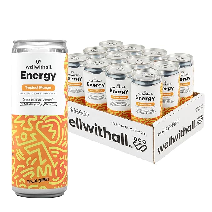 WellWithAll Tropical Mango Energy Drink ??Caffeine from Tea ??With Vitamin C ??Lightly Sparkling