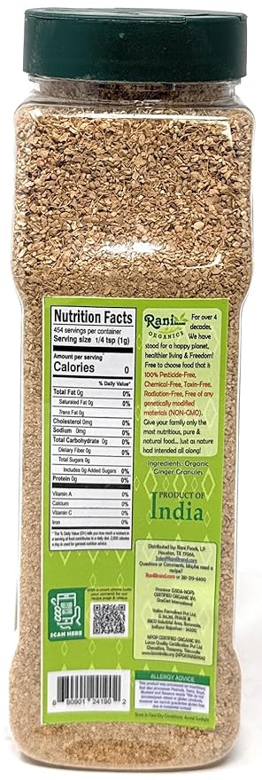 Rani Organic Granulated Ginger (Adarak Granules) 16oz (1lb) 454g PET Jar ~ All Natural | Gluten