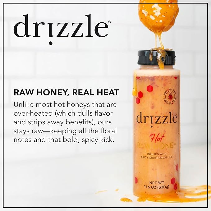 Drizzle Hot Honey - All Natural Raw Spicy Honey Sauce, Infused with Organic Chilies, Unfiltered &