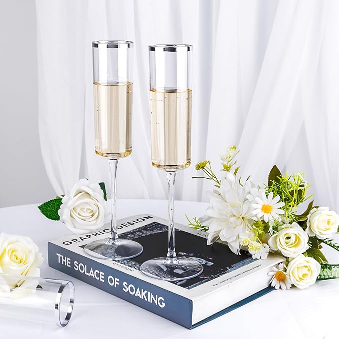 Ciaell 24 Pack Silver Plastic Champagne Flutes - 6 Oz Disposable Champagne Glasses - Square Silver