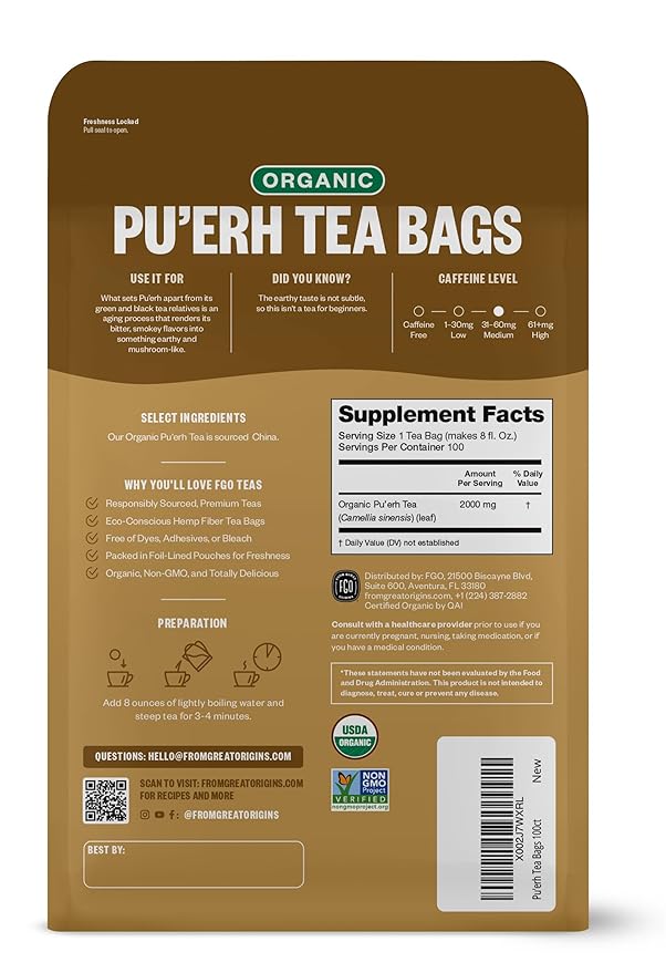 FGO Organic Pu'erh Tea, 100 Count, Eco-Conscious Tea Bags, Resealable Bag, Packaging May Vary (Pack