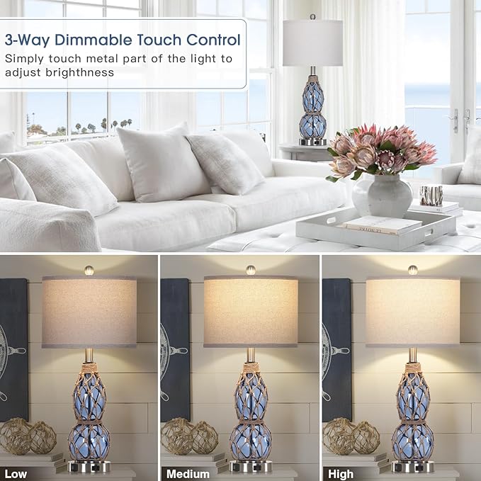 26" Coastal Glass Table Lamps Set of 2, 3-Way Dimmable Touch Lamps with USB Ports and AC Outlet
