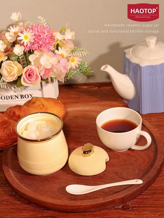 HAOTOP 12oz Sugar Bowl with Lid and Spoon,Simple Ceramic Sugar Jar Sugar Container Sugar Dispenser