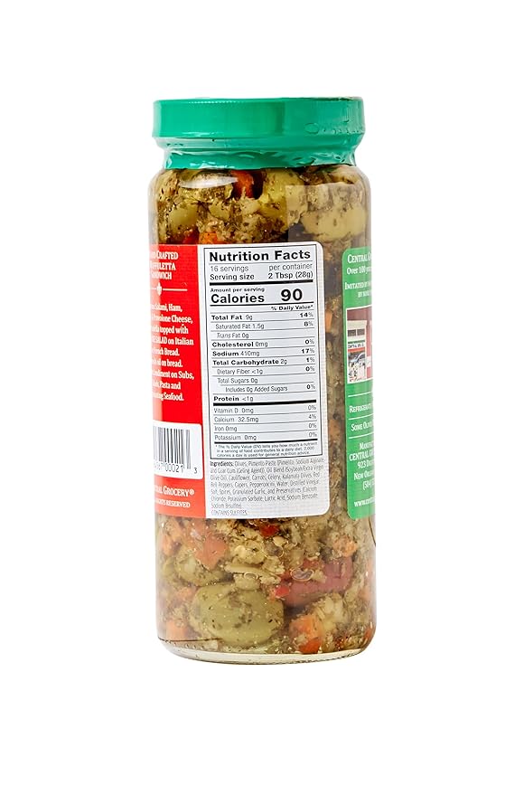 Central Grocery Olive Salad - 16 oz, Perfect for Muffulettas, Sandwiches, Pizza Toppings, Pastas