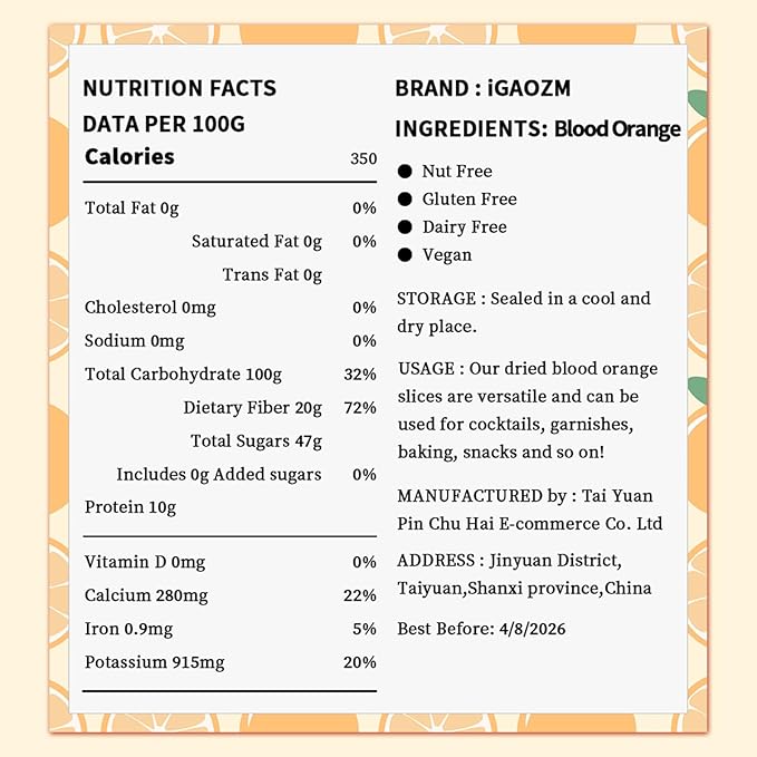 iGAOZM Dried Blood Orange Slices,3.52oz/100g,Dehydrated Orange Chips,No Sugar Added,Natural Citrus
