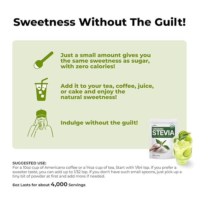 Viccoky Organic Stevia Powder 6oz (171g), Pure Stevia Extract Powder, Sugar-Free & 0 Calories, No
