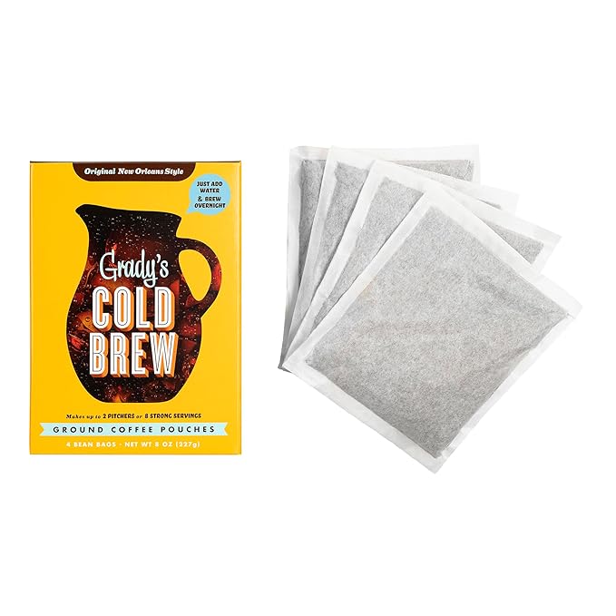 GRADY’S COLD BREW, New Orleans Style, 100% Arabica Ground Coffee & Chicory Pouches, One Box of Four