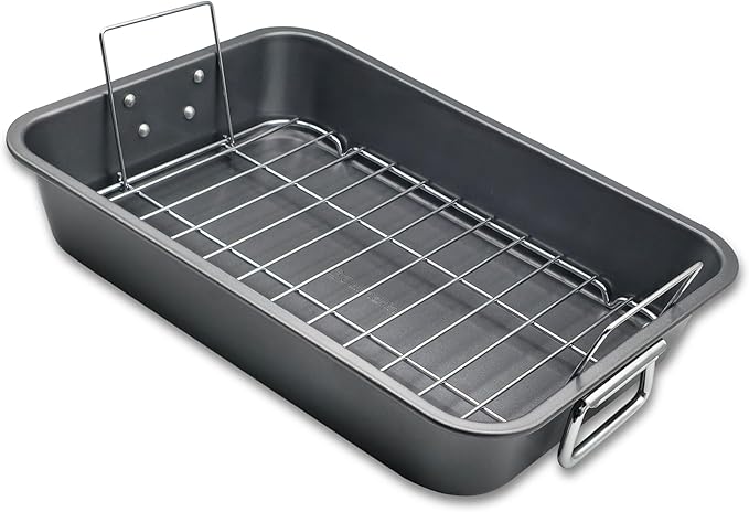 Roasting Pan With Rack 11" x 15" - Non Stick Large Roaster Pan and Flat Rack with Foldable Handles