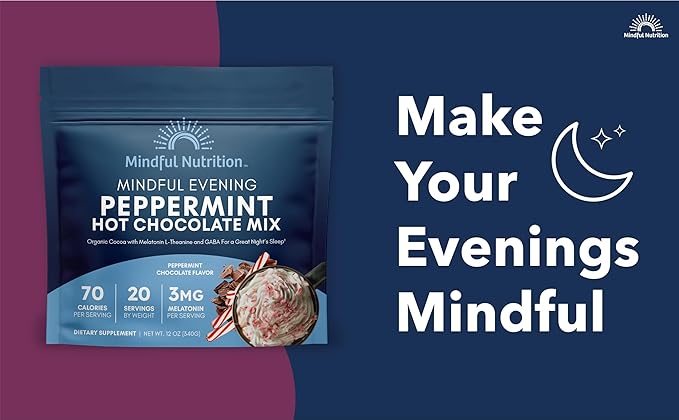 Mindful Evening Peppermint Cocoa Mix Natural Sleep Aid, Melatonin 3mg, L-Theanine, GABA