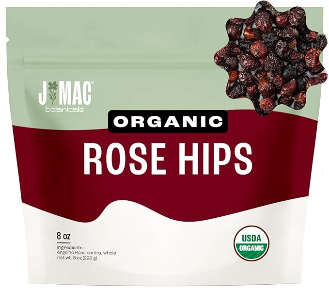 J MAC BOTANICALS Organic Rose Hips (8 oz Bag) Whole, natural organic dried rose hips for herbal