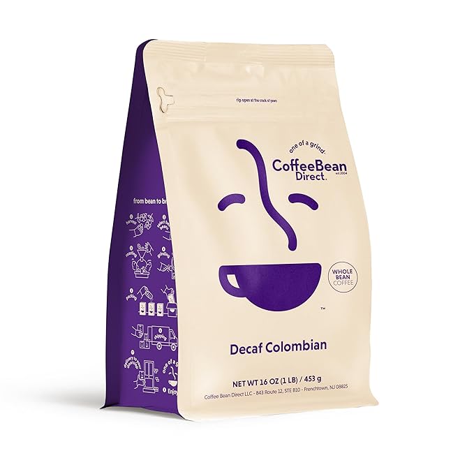 Coffee Bean Direct Decaf Colombian, Whole Bean Coffee, Light Roast, 1 Pound Bag (Pack of 1)