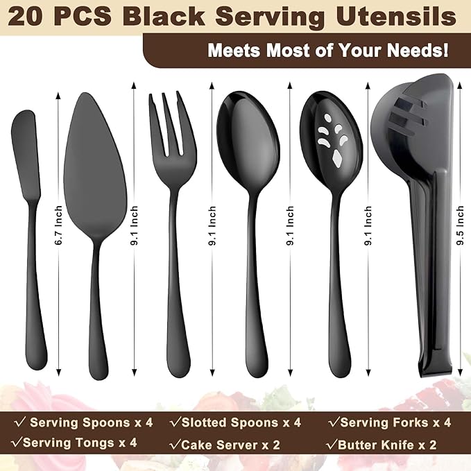 BEWOS Black 20-Piece Serving Set, Black Slotted Spoons & Tongs, Forks, Cake Server & Butter Knife