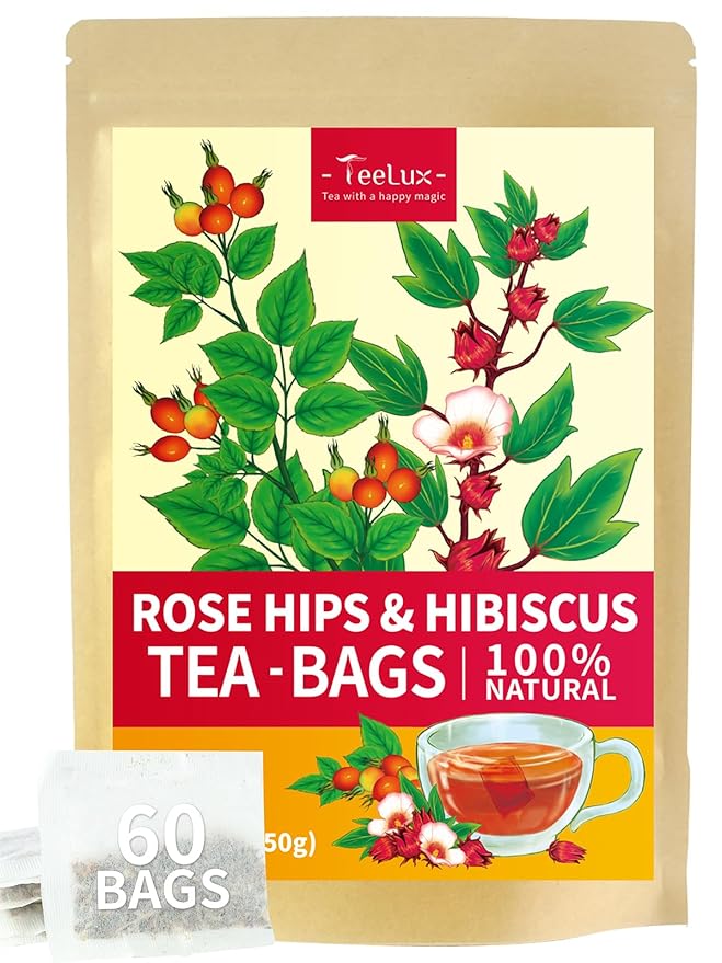 TeeLux Rosehip & Hibiscus Tea Bags, 2.5g/bag, Slight Tart Taste & Fruity Flavor, Caffeine Free, 60