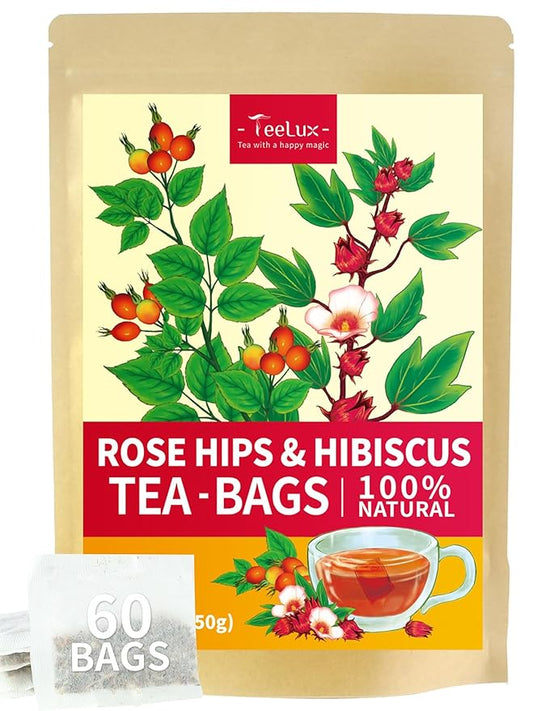 TeeLux Rosehip & Hibiscus Tea Bags, 2.5g/bag, Slight Tart Taste & Fruity Flavor, Caffeine Free, 60