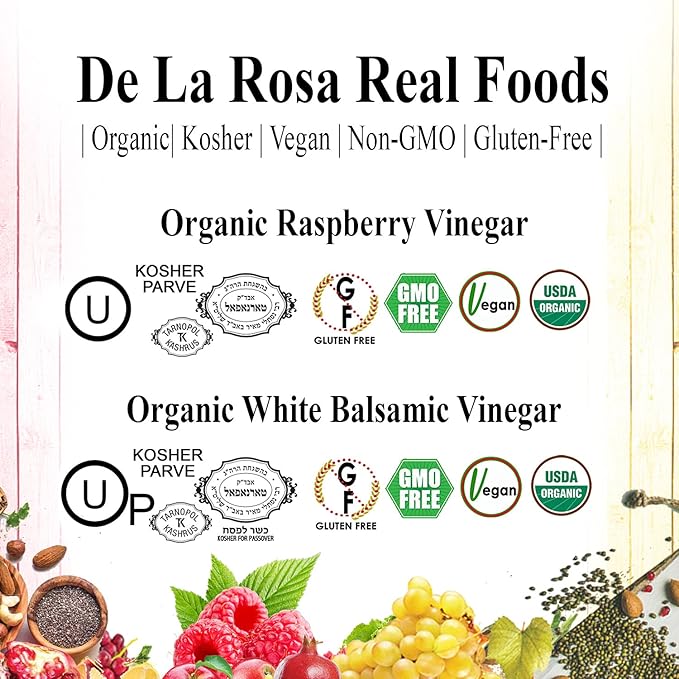De La Rosa Organic Raspberry and White Balsamic Vinegar, Vegan, Kosher, Non-GMO & Gluten Free