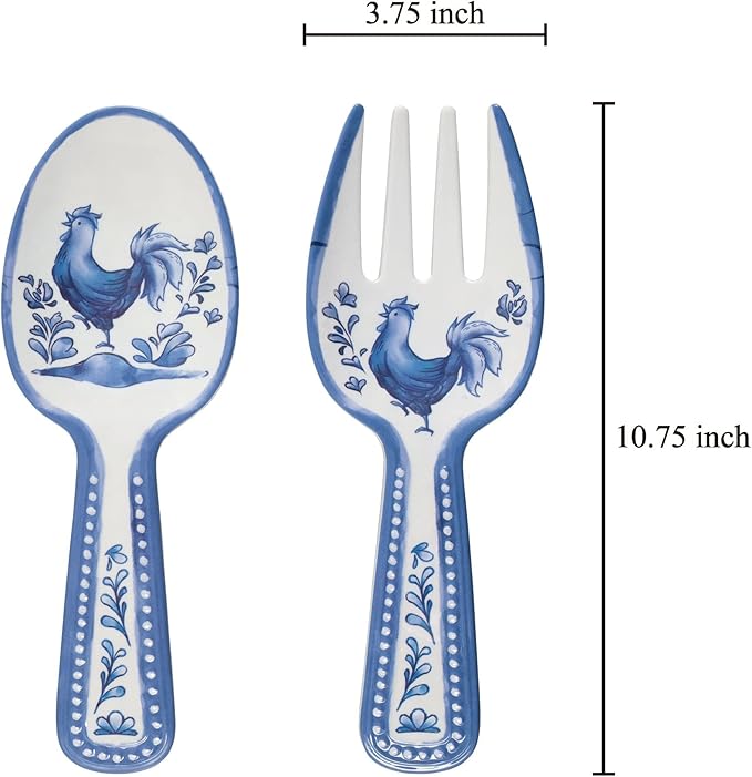 UPware Blue Rooster Melamine Salad Servers, Serving Utensil Set, Includes Serving Fork and Spoon