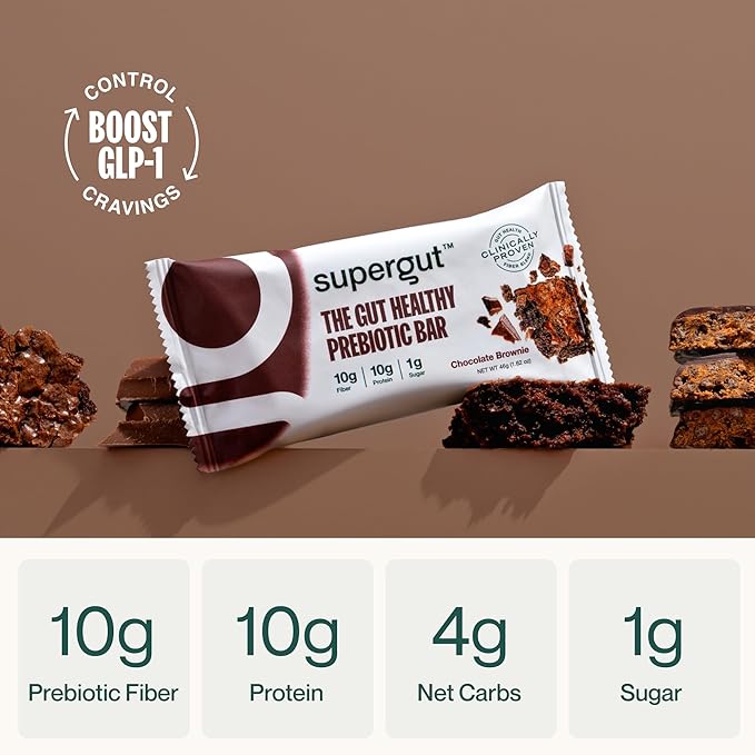 Supergut GLP-1 Boosting Prebiotic Bars, Chocolate Brownie - Gut Healthy Protein Snacks & Breakfast
