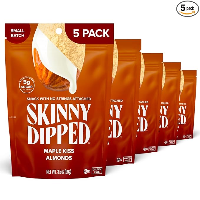 SkinnyDipped Maple Kiss Almonds, Healthy Snack, Plant Protein, Gluten Free, 3.5 oz Resealable Bags