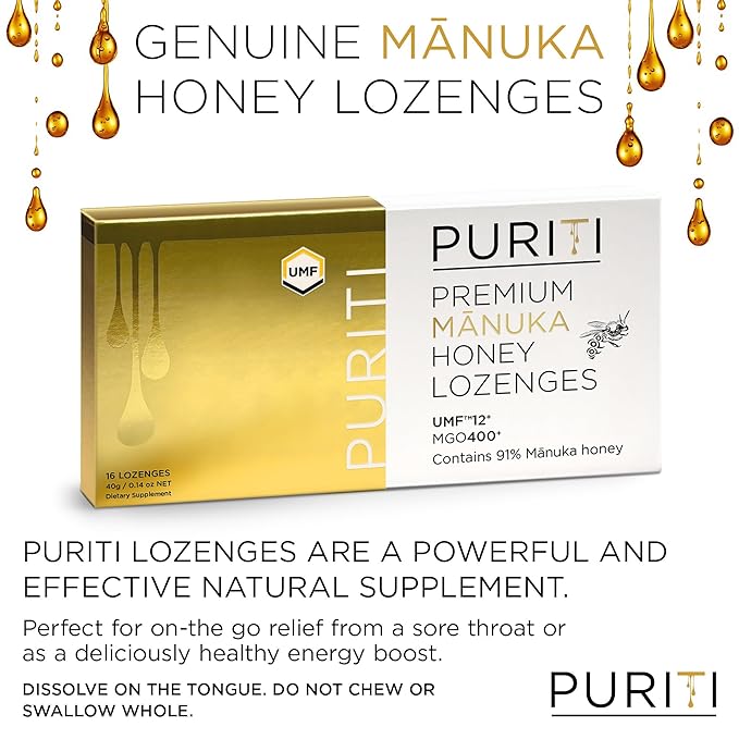 PURITI Premium Manuka Honey Lozenges High Potency - Sugar Free Drops | Genuine New Zealand Raw