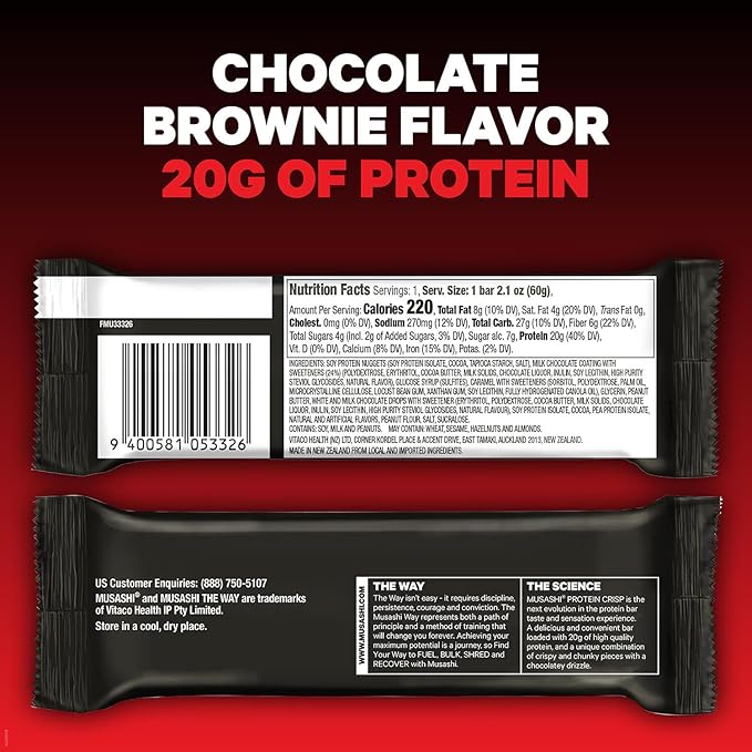 MUSASHI Protein Crisp Bar, 20g Protein, 4g Total Sugars, Chocolate Brownie, Post Workout and Snack