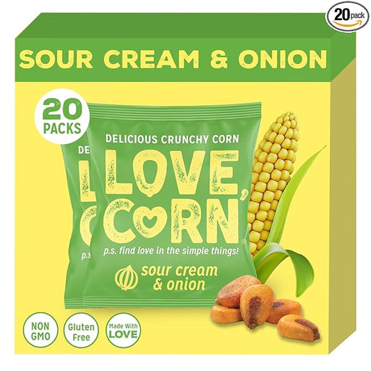LOVE CORN Sour Cream & Onion 0.7oz x 20 Bags - Delicious Crunchy Corn - Healthy Family Snacks