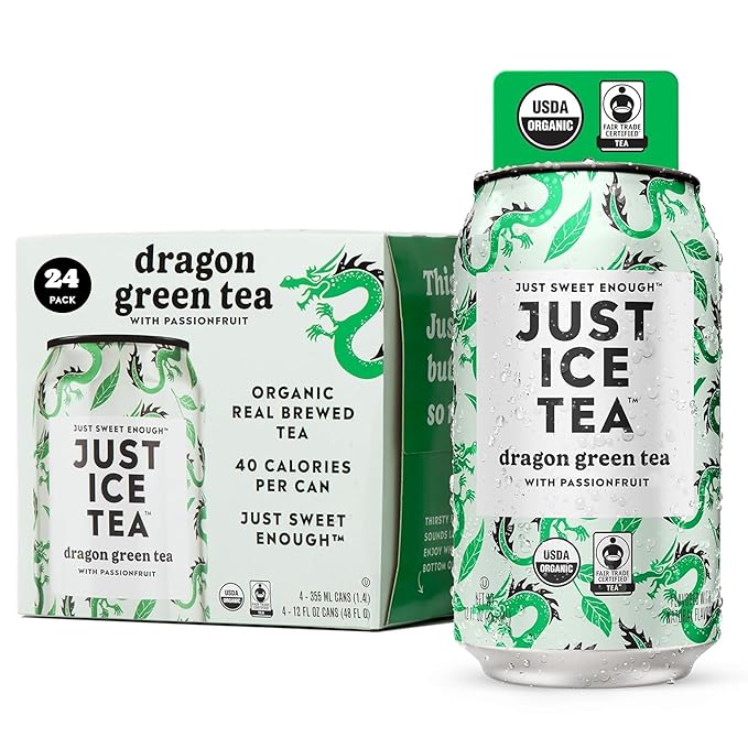 Just Ice Tea, Dragon Green Iced Tea, 24-Pack (12oz Cans), Green Tea, USDA Certified Organic, Real