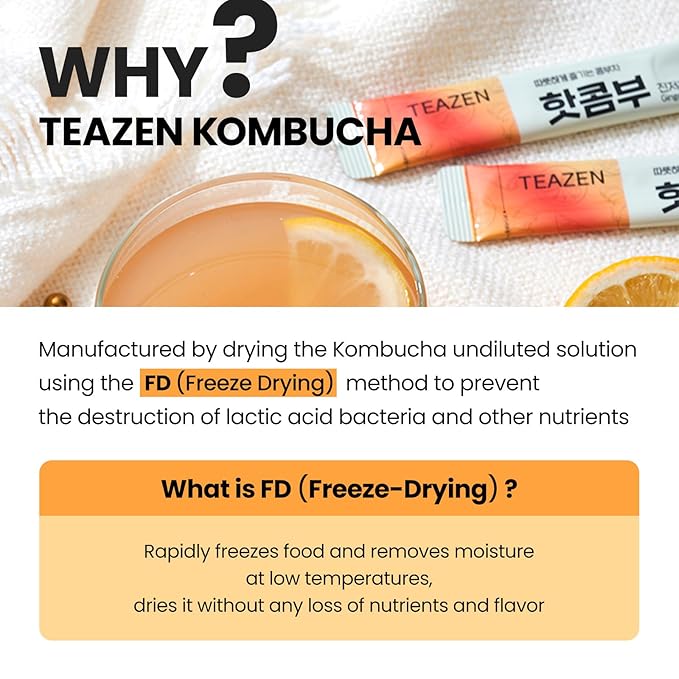 TEAZEN Lemon Ginger Hot Kombucha Tea, Spice Tea, Live Probiotics & Postbiotics, Relaxation and